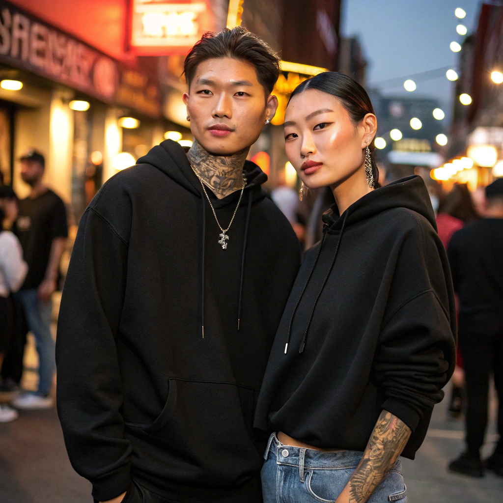 AI generated image by Red Panda AI: Photorealistic image of young, Korean-American male AND female models with trendy Gen Z hairstyles. They are slightly tattooed and good-looking. The male and female models are wearing plain black luxury hoodies and trendy jeans NO jewelry or accessories obstructing front of the shirts so shirts are open and blank for design placement. They are standing together outdoors in a crowded bar on Sunset Blvd facing the camera with great lighting. They have defiant happy successful expressions.
