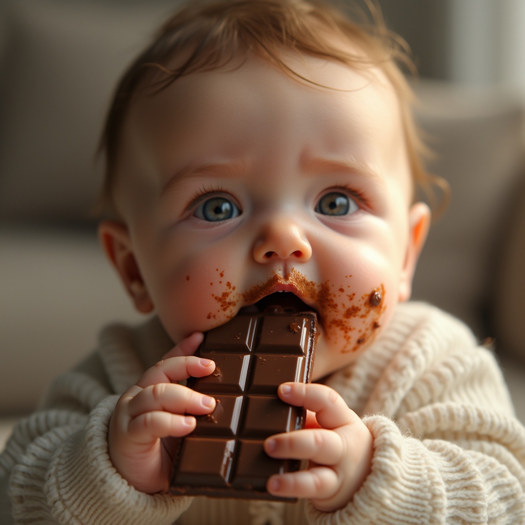 AI generated image by FLUX.1-pro: Ultra-realistic, hyper-detailed image of a chubby baby with soft, rosy cheeks and bright, curious eyes, holding a slightly melted chocolate bar in its tiny hands. The baby takes a small bite, leaving smudges of chocolate on its lips and fingers. The skin is smooth with natural pores and soft lighting enhances the warm, delicate texture. The scene is captured with a cinematic full-frame lens (50mm), creating a shallow depth of field with a softly blurred background. The setting is a cozy, neutral-toned indoor environment, illuminated by gentle, diffused natural light for a warm and inviting atmosphere. The chocolate bar has a glossy, rich texture, reflecting the light subtly, adding to the realism.