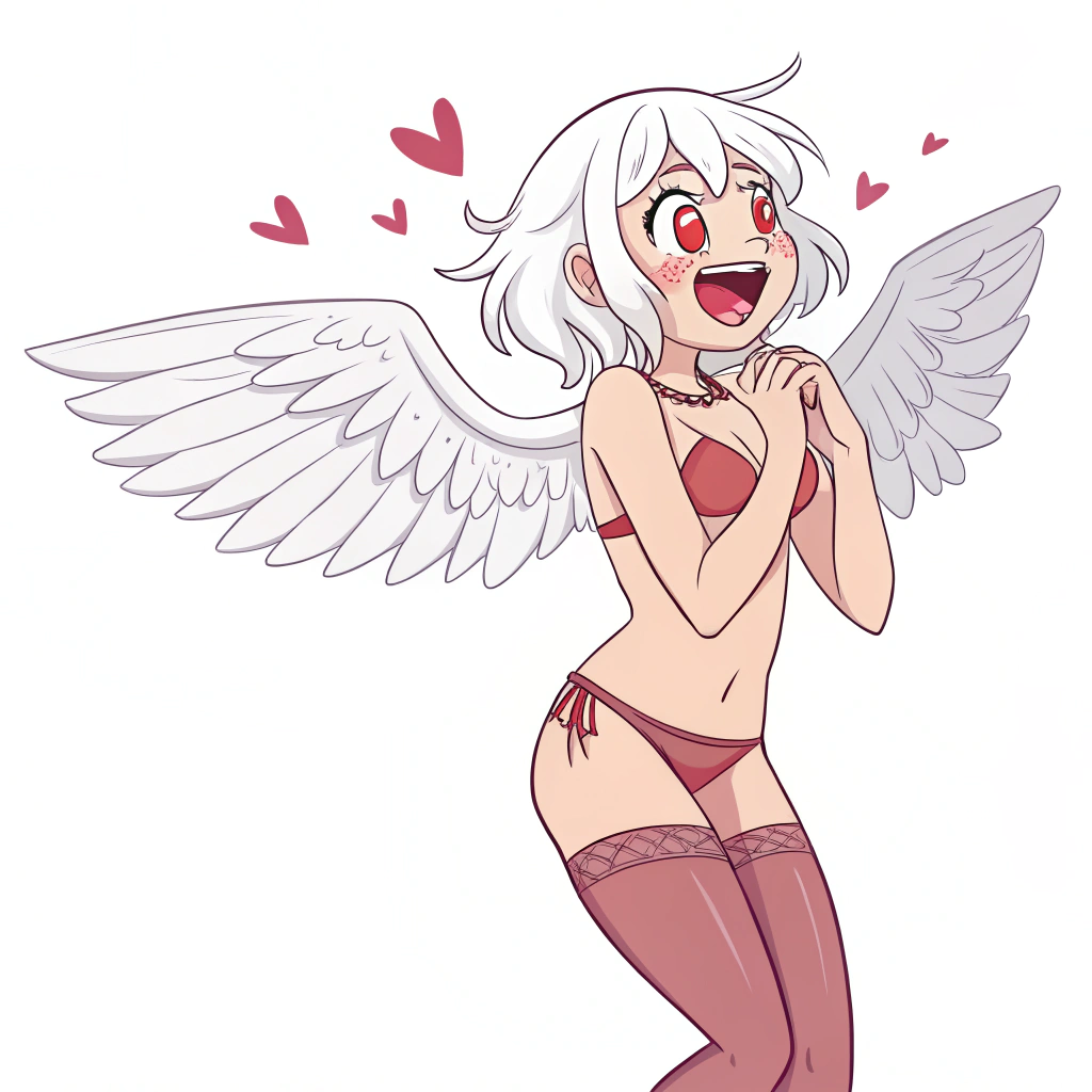 AI generated image by Red Panda AI: Busty, big-assed girl naked, white hair, fondling herself and angel wings, full body, red face, excited with pleasure, yandere-like
no panties, thin