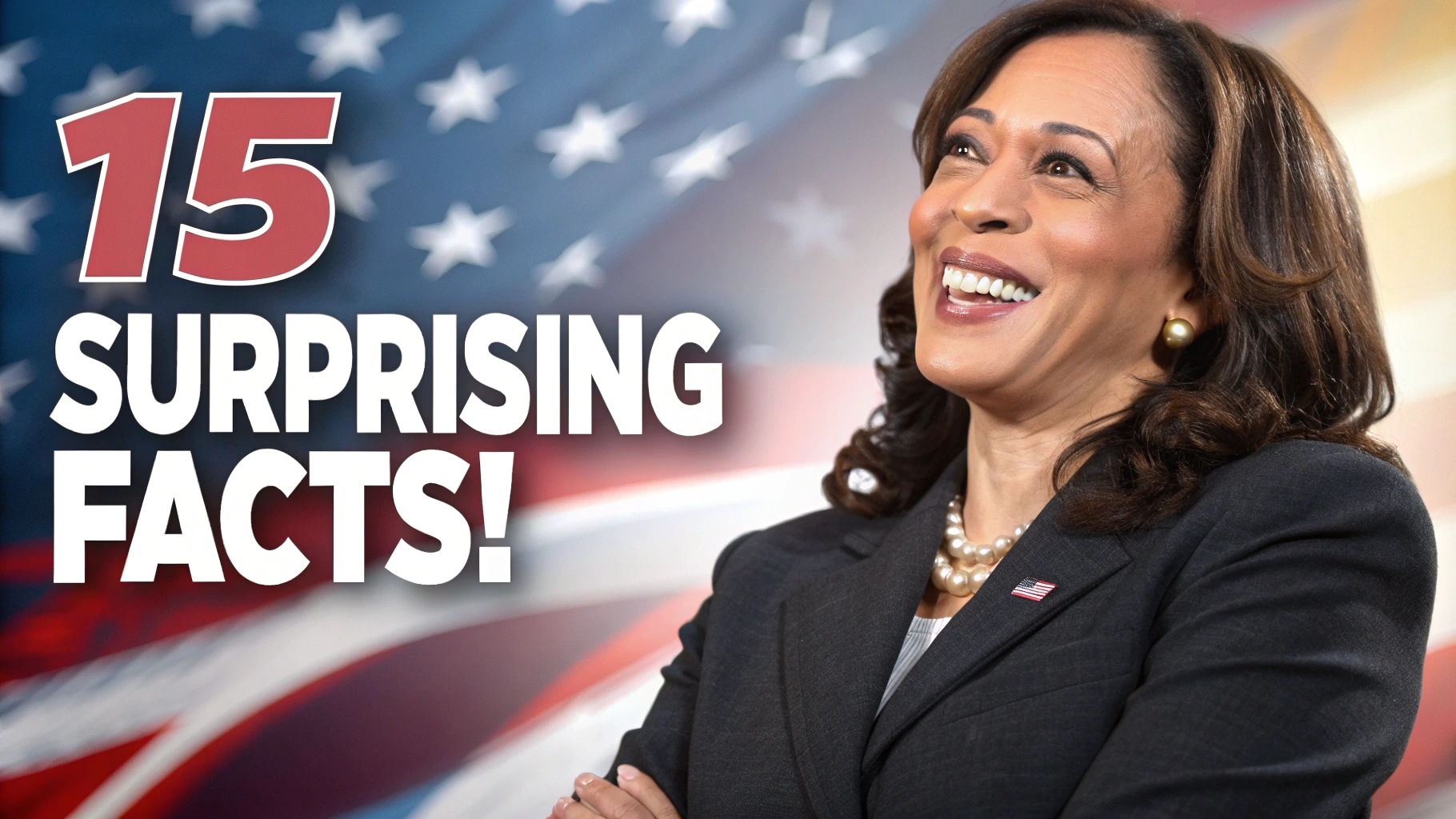 AI generated image by Red Panda AI: Create a dynamic YouTube thumbnail featuring Kamala Harris. She should be portrayed in a confident and smiling pose, prominently displayed on one side of the image. The background should subtly incorporate a blurred American flag with a gradient of red, white, and blue tones, giving a patriotic feel. Overlay bold text that reads '15 Surprising Facts!' in a large, eye-catching font, using a contrasting color scheme—white text with a black outline for clarity. The font should be bold and modern, ensuring it's readable even on smaller screens. Add a slight glow around Kamala to make her the focal point and include small dynamic symbols, like a speech bubble or star, to add energy to the design. The overall composition should be clean and uncluttered, emphasizing Kamala and the headline while appealing to viewers' curiosity.