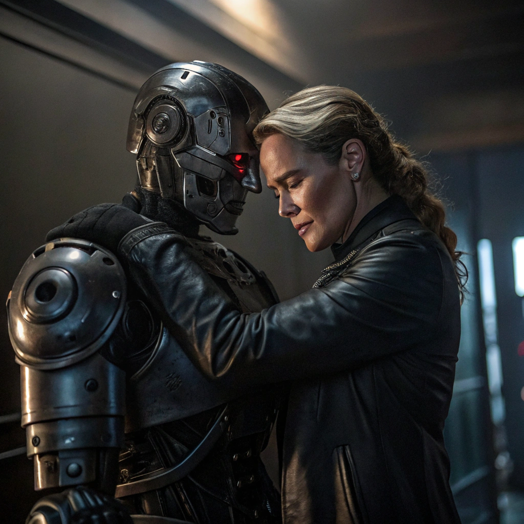 AI generated image by Red Panda AI: sarah connor abraza a terminator