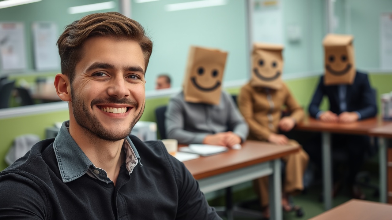 AI generated image by FLUX.1-schnell: a male person in an office on a desk with a smile. The office is colored in green at some areas. In the background are sitting 4 more persons on a  their own desks, their faces are covered with a paper bag with a funny smile written with a black pencil on it.