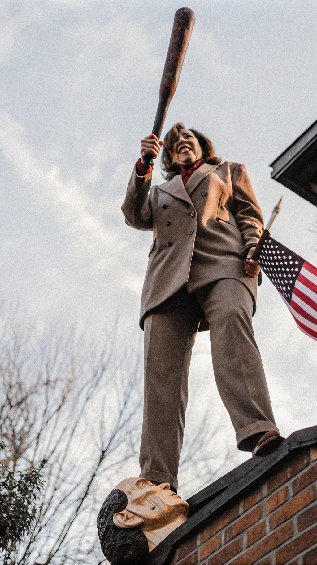 AI generated image by Red Panda AI: kamala harris standing with one foot on top of donald trump's decapitated head, holding a fat blunt in her hand and an american flag in her other hand, make sure both kamala harris and trump's head is completely visible