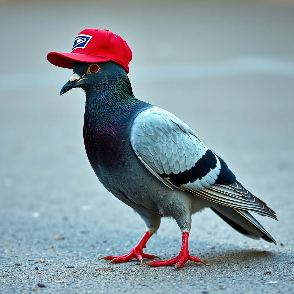 AI generated image by FLUX.1-schnell: A postal pigeon standing on the ground with a red baseball hat on his head