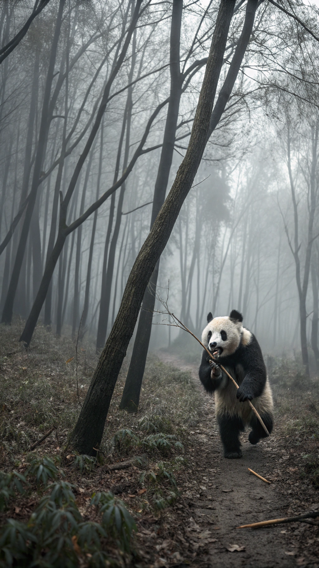 AI generated image by Red Panda AI: A cute panda runs nervously with a twig in his hand. foggy and dark trees. wide shot, 4K realistic visual, with motion effect.