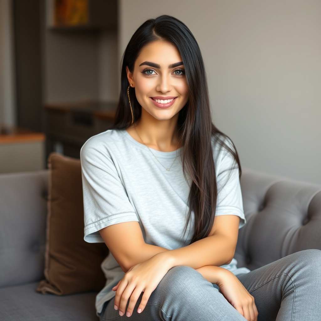 AI generated image by FLUX.1-schnell: An extremely beautiful Iranian woman in her 25s with blue eyes and long black straight hair, gray jeans, sitting on a sofa, smiling 