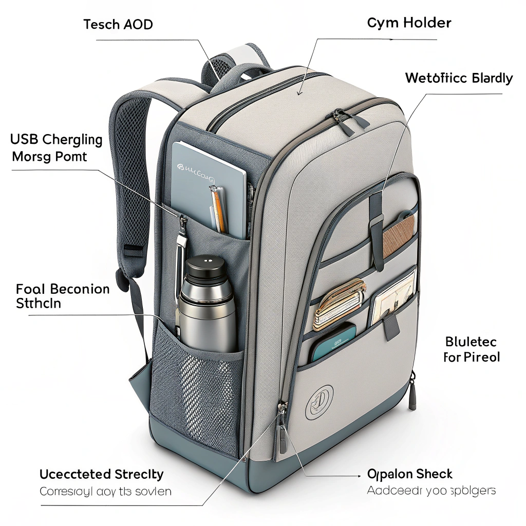 AI generated image by Red Panda AI: Let's design an urban, minimalistic modular backpack with four specialized add-ons that adapt for Tech, Gym, Meal, and Study. Here’s how each component might look and function: