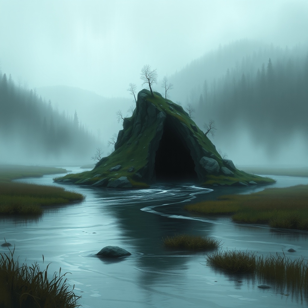 AI generated image by FLUX.1-schnell: A grand river in a foggy marsh flowing around a small mound. A stone cavern juts out of the hill. Water from the river flows into the cavern. Background filled with dark, gloomy swampy forests on hills.. ground perspective. Fantasy style with rough brushstrokes, digital painting with washed out colors and low detail.