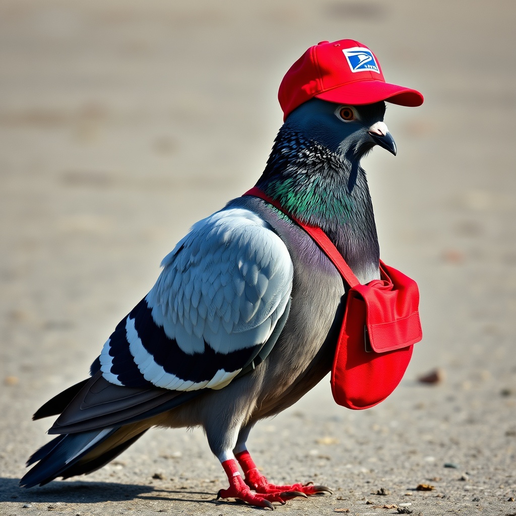 AI generated image by FLUX.1-schnell: A postal pigeon standing on the ground with a red baseball hat on his head and caarying a red shoulder bag over his left wing