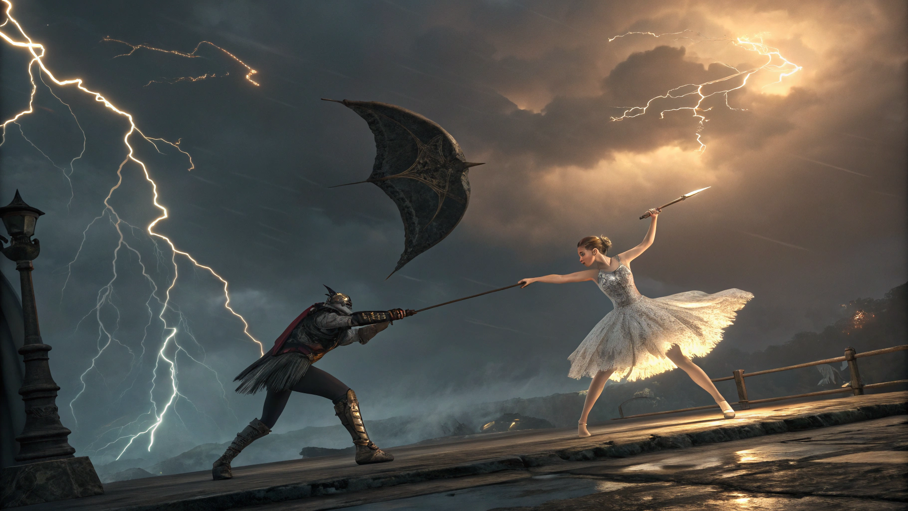 AI generated image by Red Panda AI: A screeshot from the videogame: third-person scene, epic battle of a ballerina with a rapier in her hands and a huge evil kite against her, artwork by Alberto Mielgo