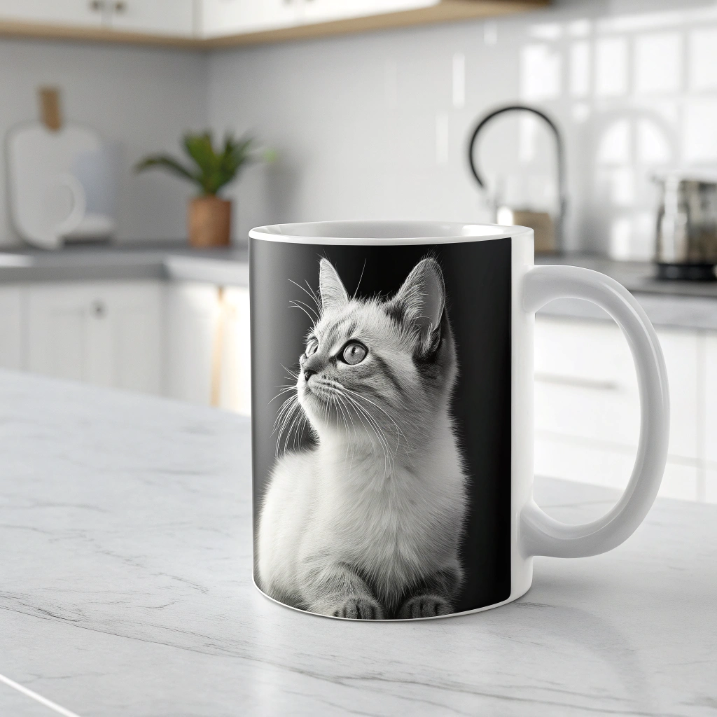 AI generated image by Red Panda AI: Taza sublimada con diseño de un gatito raza tabby point siamés, nombre de Moonlight, taza de asa blanca, 12oz, apoyada en una isla de cocina, estilo cocina minimalista, colores blancos y negros, buena iluminación