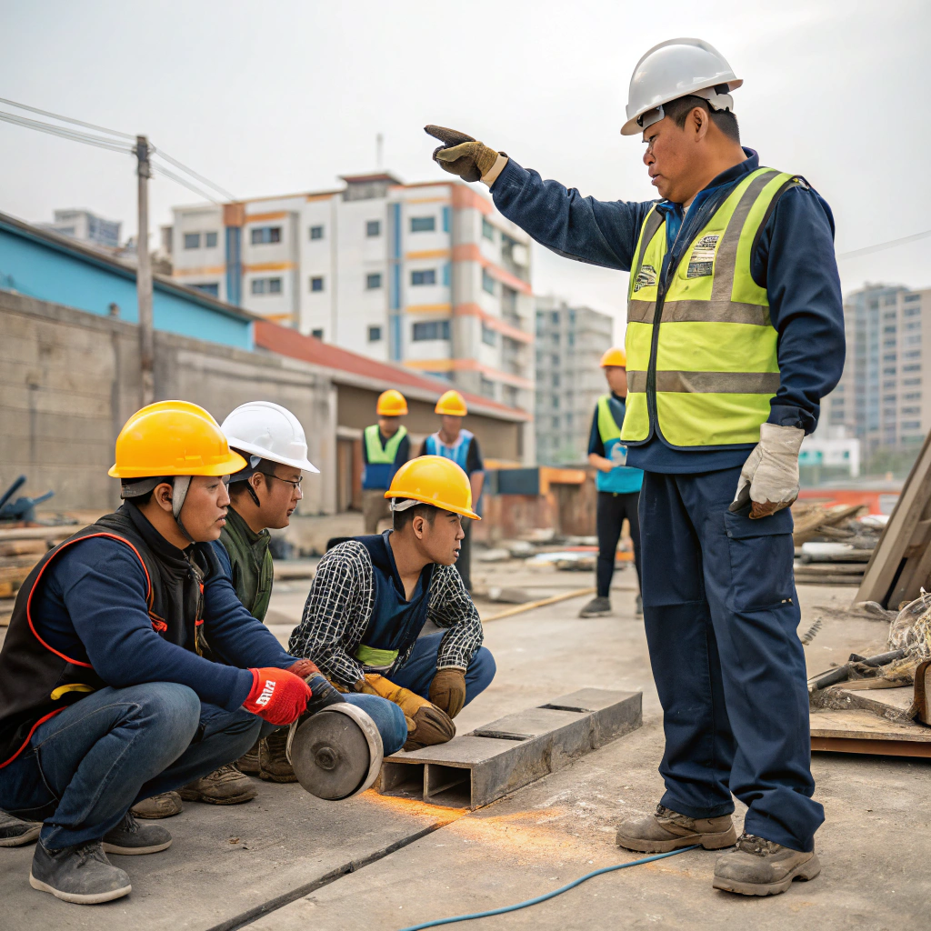 AI generated image by Red Panda AI: Employees on constructions sites being given instructions how to to safely use a grinder by a site supervisor.