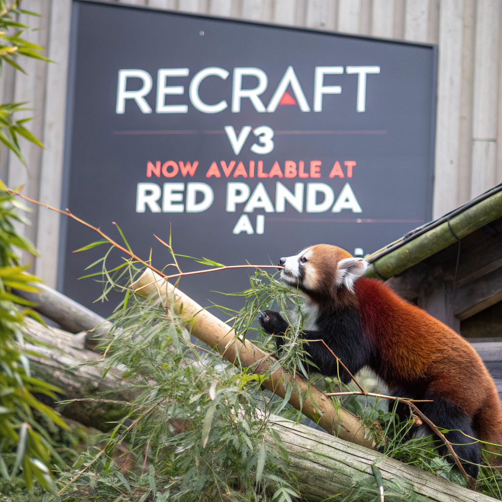 AI generated image by Red Panda AI: a red panda eating a bamboo in front of a poster that says "recraft V3 now available at red panda ai