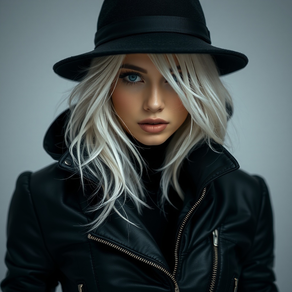 AI generated image by FLUX.1-schnell: a woman with white hair wearing a tight black jacket and a hat, in the style of mashup of styles, light gray and light bronze, edgy, soft-focus technique, dark white and dark cyan, soft edges, eye-catching