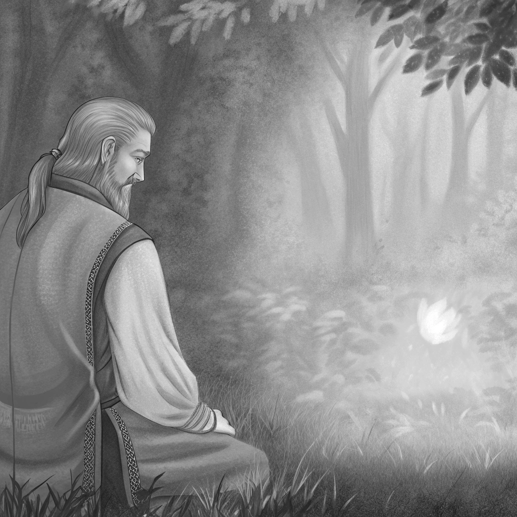 AI generated image by Red Panda AI: un wolffolk (persona lobo) de pelo gris, coleta de caballo, barba, clase druida ermitaño, usando un chaleco largo de cuero marrón con detalles azules e inscripciones druídicas, sentado en el bosque mientras contempla la imagen traslucida de un conejito (espiritu) sobre un tulipán. estilo hiperrealista  