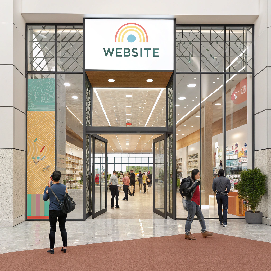 AI generated image by Red Panda AI: Generate the entrace to a mall. It symbolizes a website as entrance to my digital products.