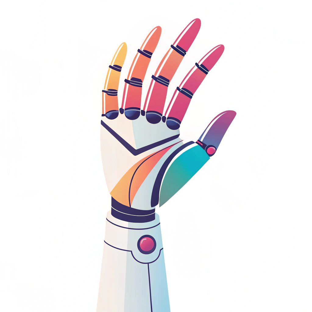 AI generated image by Red Panda AI: A minimalistic vector illustration of a realistic robot hand, The robot hand has an elegant form with sensual and vivid colors blending seamlessly. The background is pure white, perfectly highlighting the vividness of robot hand. The illustration is clean and precise, capturing the delicate beauty of the robot hand in a balanced, simple composition, reflecting perfection in its minimalism.
