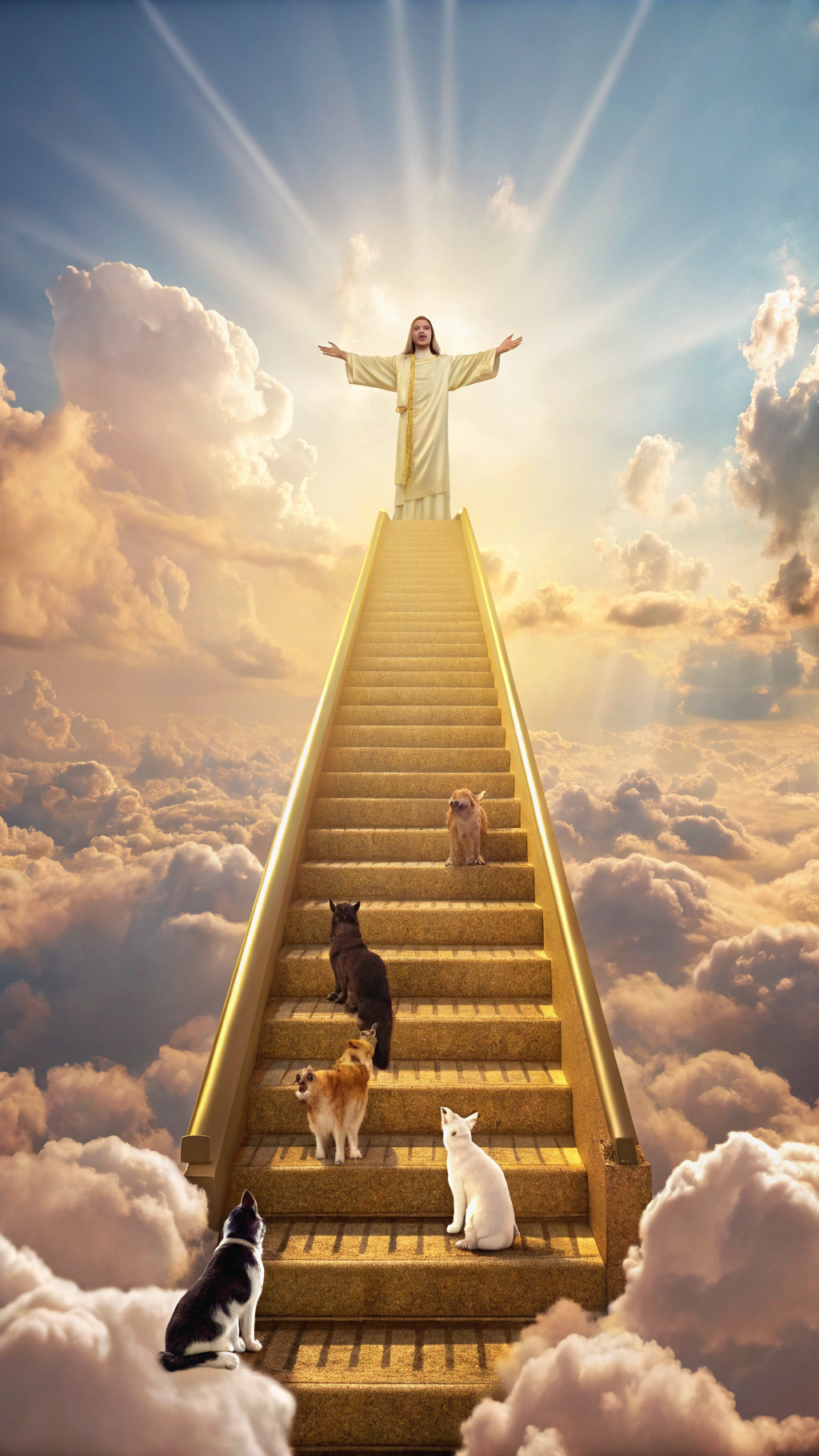 AI generated image by Red Panda AI: A highly realistic and emotional vertical image showing a golden staircase ascending into the clouds. Several dogs and cats are joyfully climbing the staircase toward Jesus Christ, who stands at the top with His arms wide open, smiling with deep love and compassion. The sky is filled with golden light, soft pink and blue clouds, and rays of sunlight breaking through. The atmosphere is peaceful, heavenly, and full of hope. Ultra-realistic details, cinematic lighting, 9:16 vertical format.
