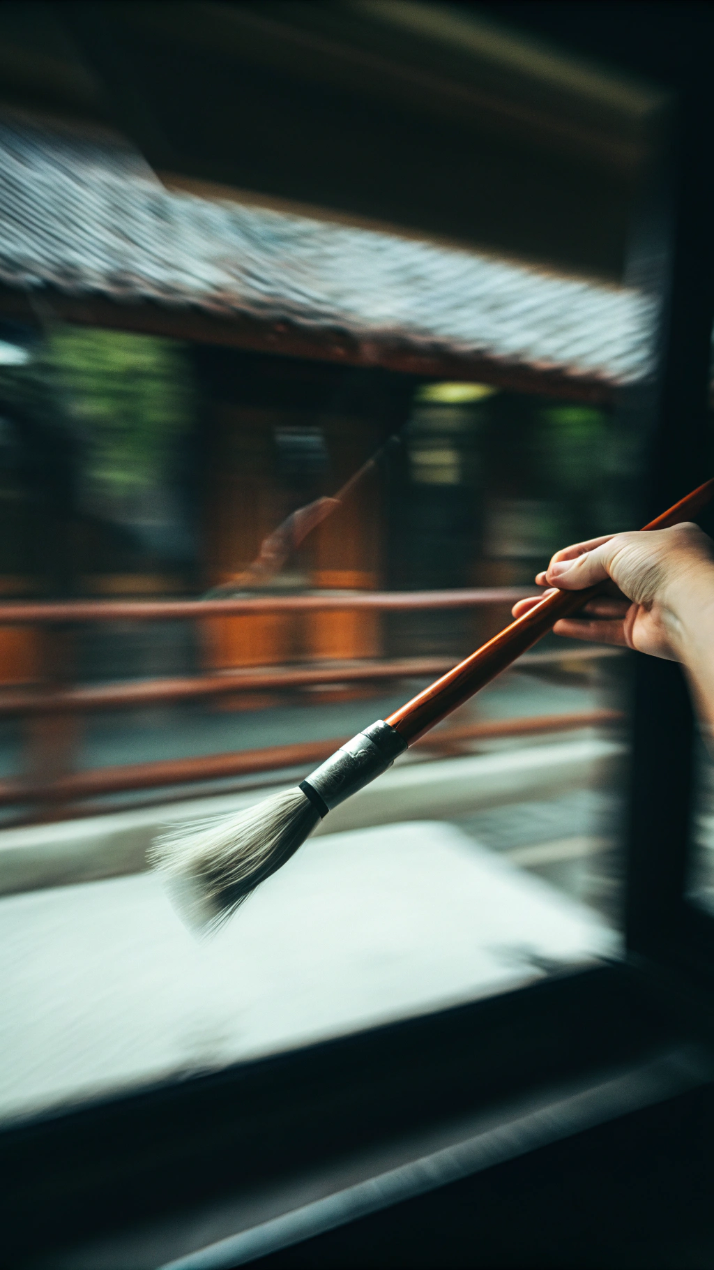 AI generated image by Red Panda AI: 一只毛笔，由远及近，慢慢向笔头推进镜头