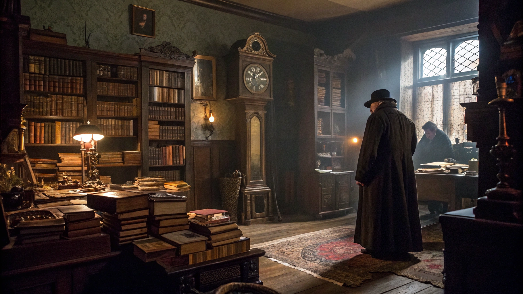 AI generated image by FLUX.1-schnell: A dimly lit Victorian study, cluttered with old books and artifacts, with a broken grandfather clock in the background and shadowy figures in the corners.