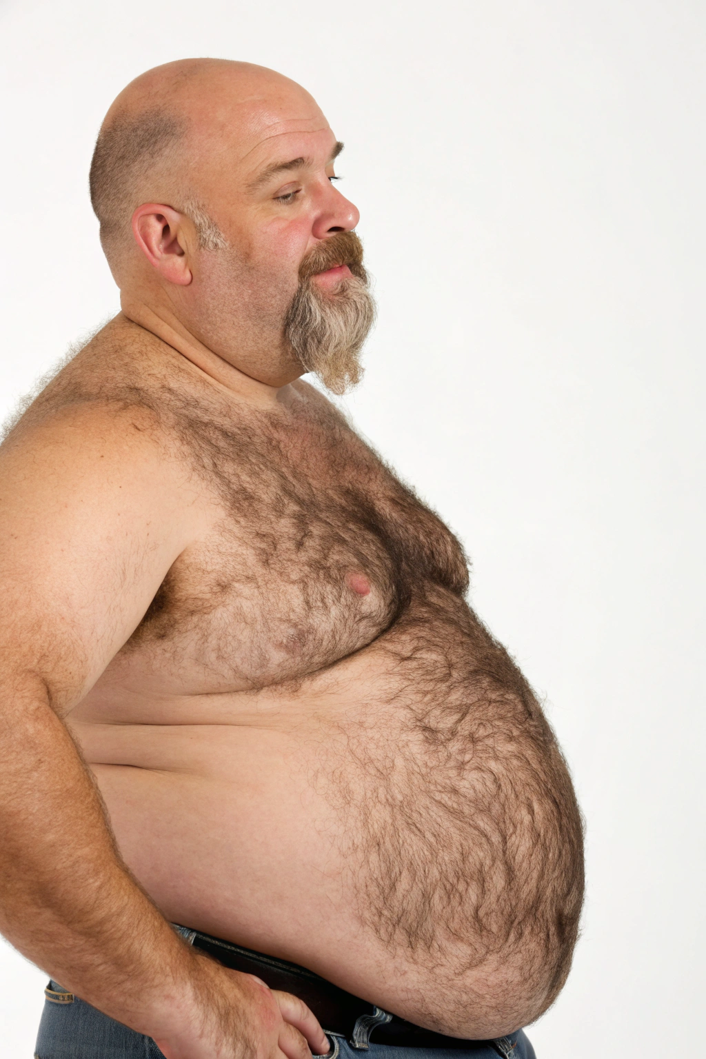 AI generated image by Red Panda AI: a studio shot of a bulky and slightly overweight 50 year old hirsute dad stretching. Man has heavy amount of body hair, hairy chest pattern, expanding his bloated heavy bearded-belly, bald head, brown and white goatee