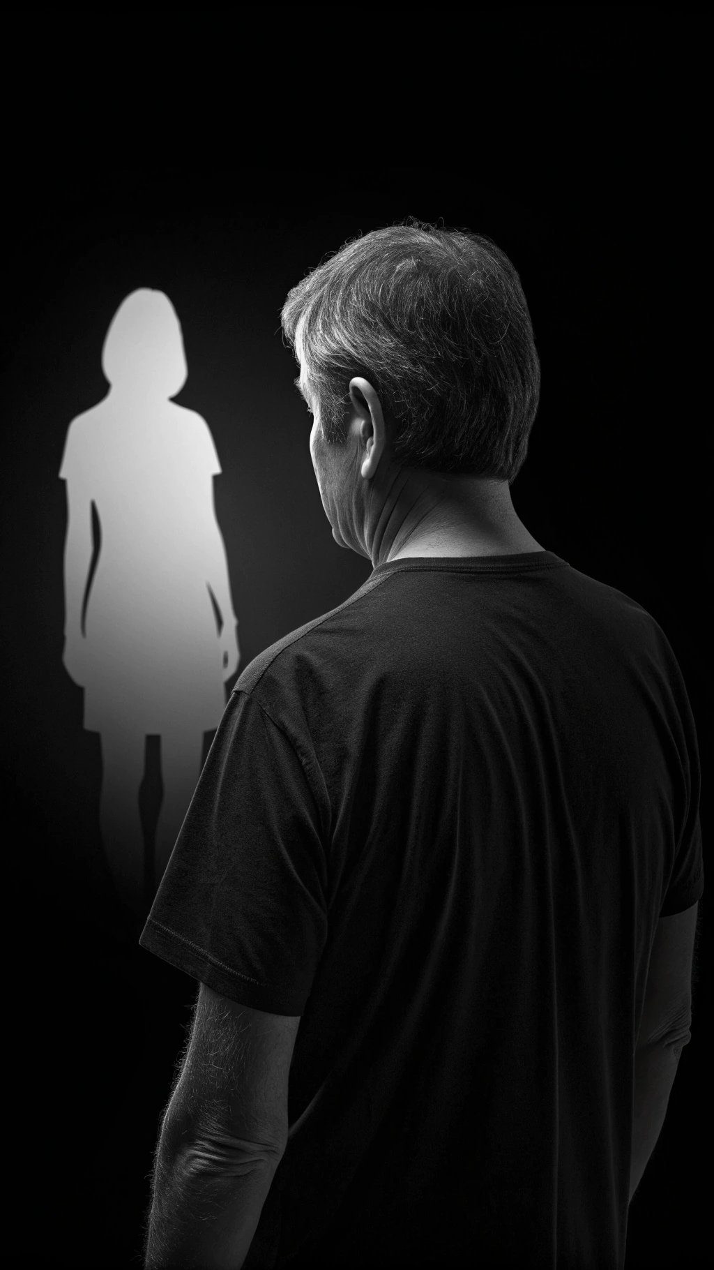 AI generated image by Red Panda AI: A black background, minimalist and high contrast. The silhouette of a man around 50 years old, wearing a plain black t-shirt, stands facing a faceless female silhouette. His posture conveys intense focus and desire, while the woman’s silhouette remains neutral, creating tension and unease. The scene is in black and white, emphasizing shadows and contrast, symbolic and psychological, no explicit content — only the suggestion of a sinister or coercive intention.