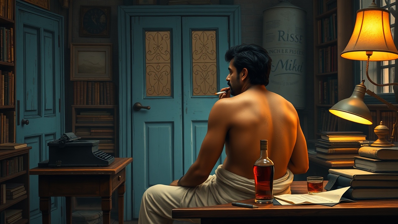 AI generated image by FLUX.1-schnell: A 40-year-old good-looking Tamil man sits at the his rustic old study desk, drinking, a cigarette in his hand. He is black hair, shirtless, beige dhoti, a mustache, hairy. He is sad. The setting is a retro French-style dark study with a light-bluish door and window and lots of books. a study lamp, an old typewriter, a few crumpled old papers on the desk. Full-length. shot from behind. Whiskey bottle and glass. High-quality ultra-realistic 2D illustration.