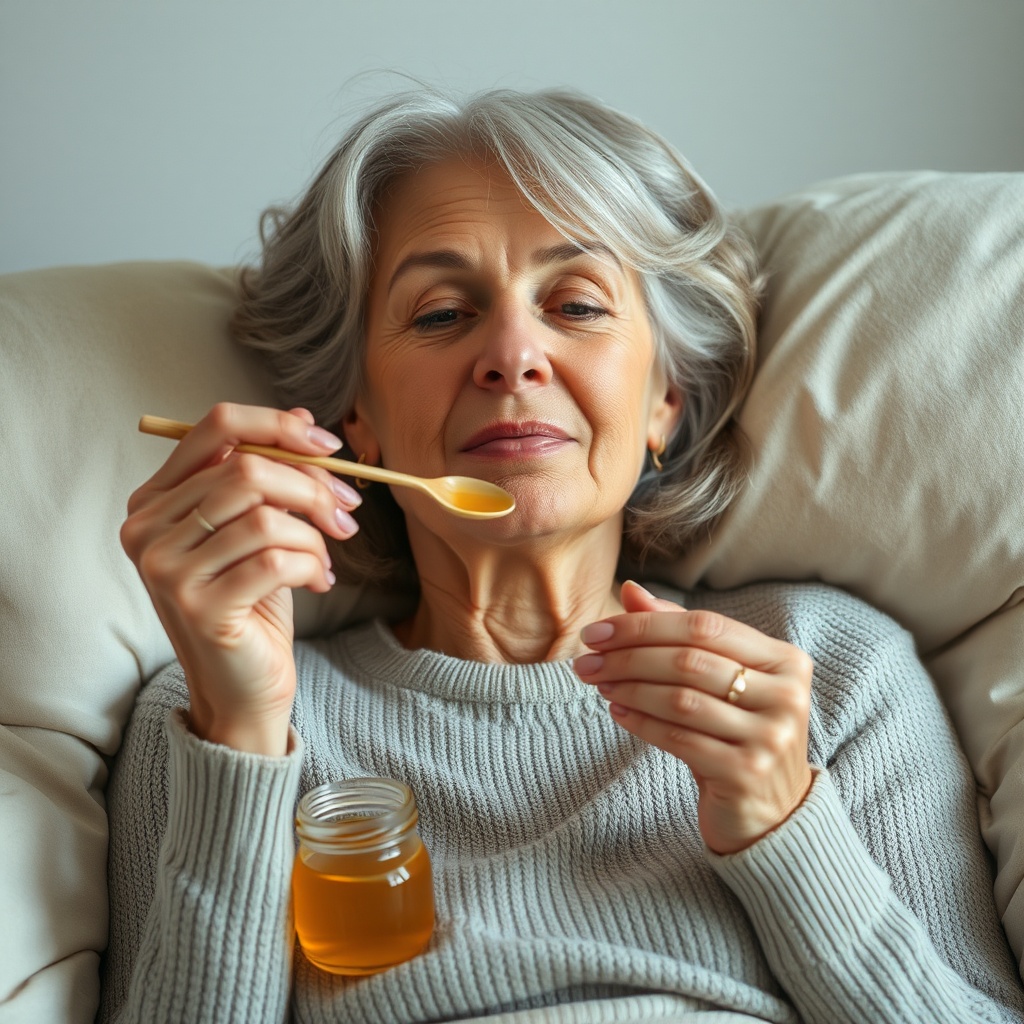 AI generated image by FLUX.1-schnell: a beautiful woman over 50 is eating a teaspoon of honey in a relaxing and sleep emoting atmosphere