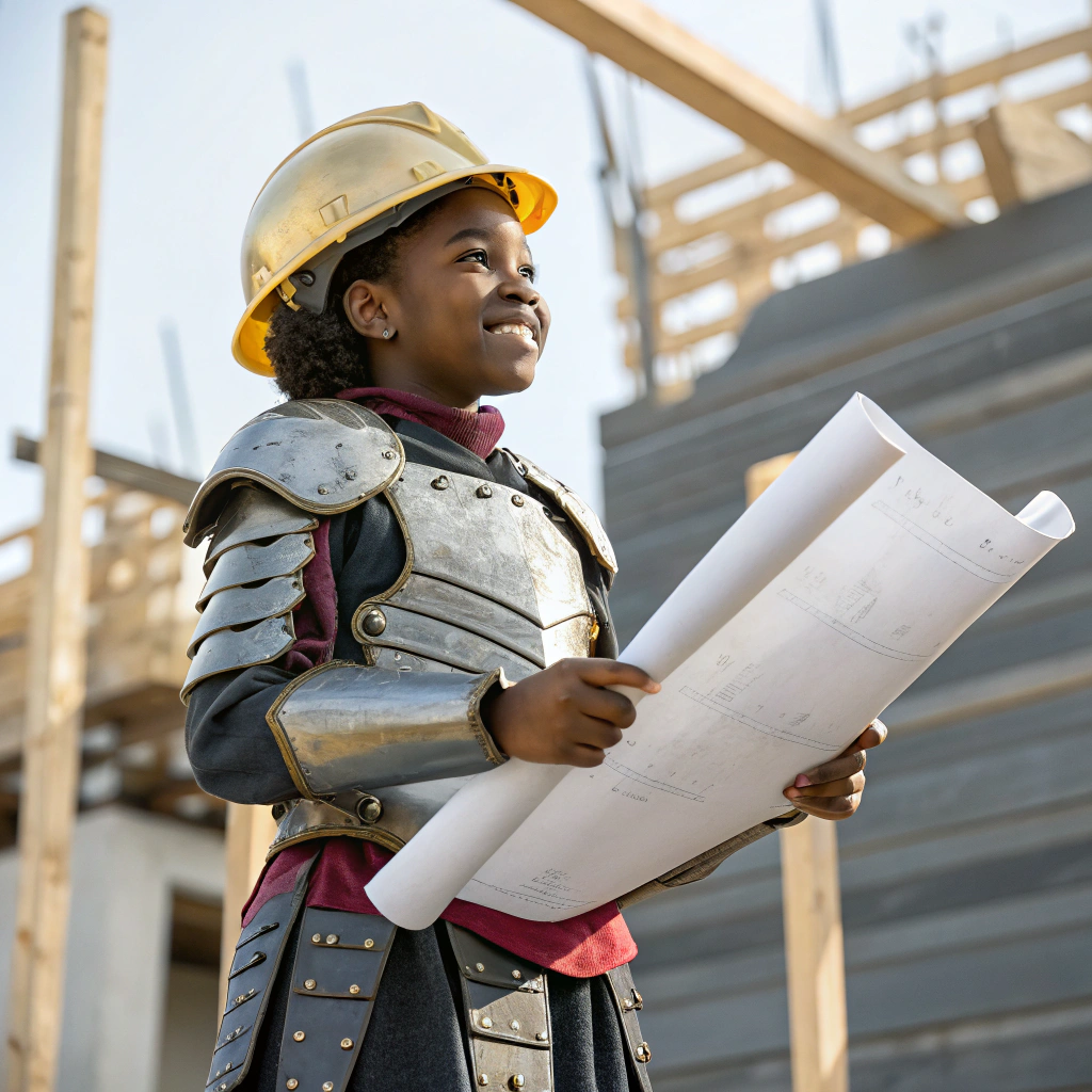 AI generated image by FLUX.1-schnell: 12 year old Nigerian girl, dressed in knight’s armor, holding construction plans, wearing a hard hat drawn in a Disneylike style