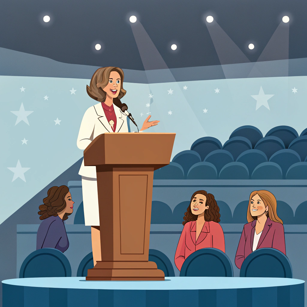 AI generated image by FLUX.1-schnell: A female presidential figure speaking on stage surrounded by other women advisors