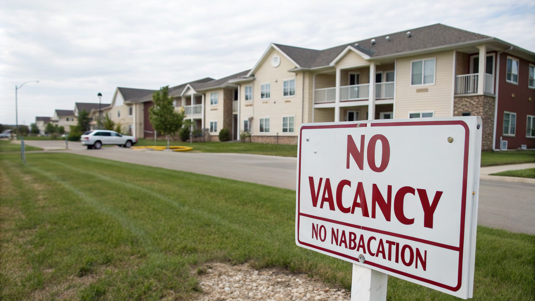 AI generated image by Red Panda AI: "No Vacancy in Blair, Nebraska" sign in front of apartment complex