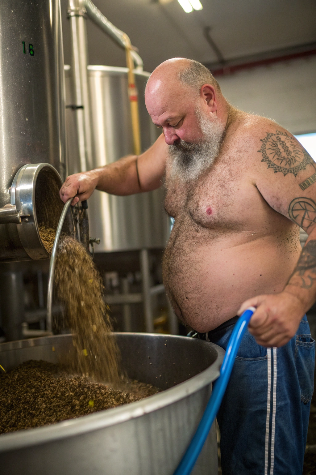 AI generated image by Red Panda AI: a 50 year old hirsute man at the brewery making beer. Man has heavy amount of body hair, hairy chest pattern, expanding his bloated bearded-belly, bald head, white goatee