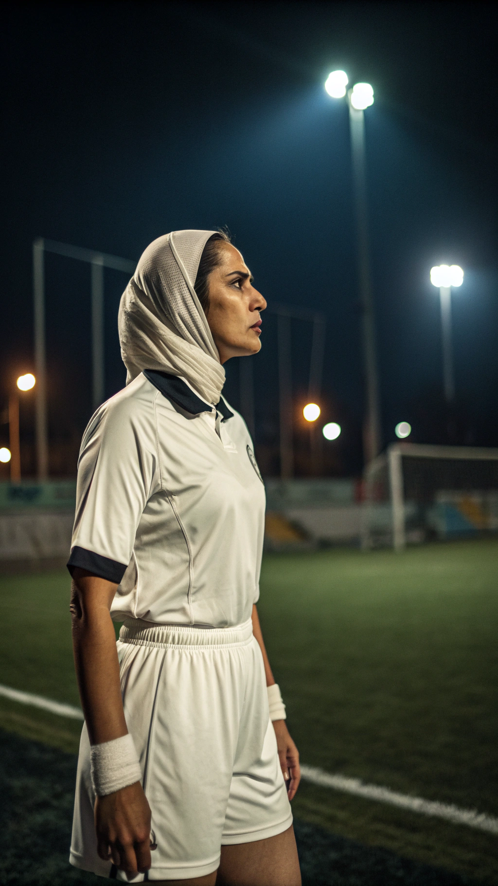 AI generated image by Red Panda AI: An Iranian female football referee standing on the football field at night, wearing a white referee uniform and white sports shorts, white headscarf with hair tied neatly at the back, serious and focused expression, stadium floodlights behind her, cinematic portrait, ultra realistic skin texture, dramatic lighting, shallow depth of field, 9:16