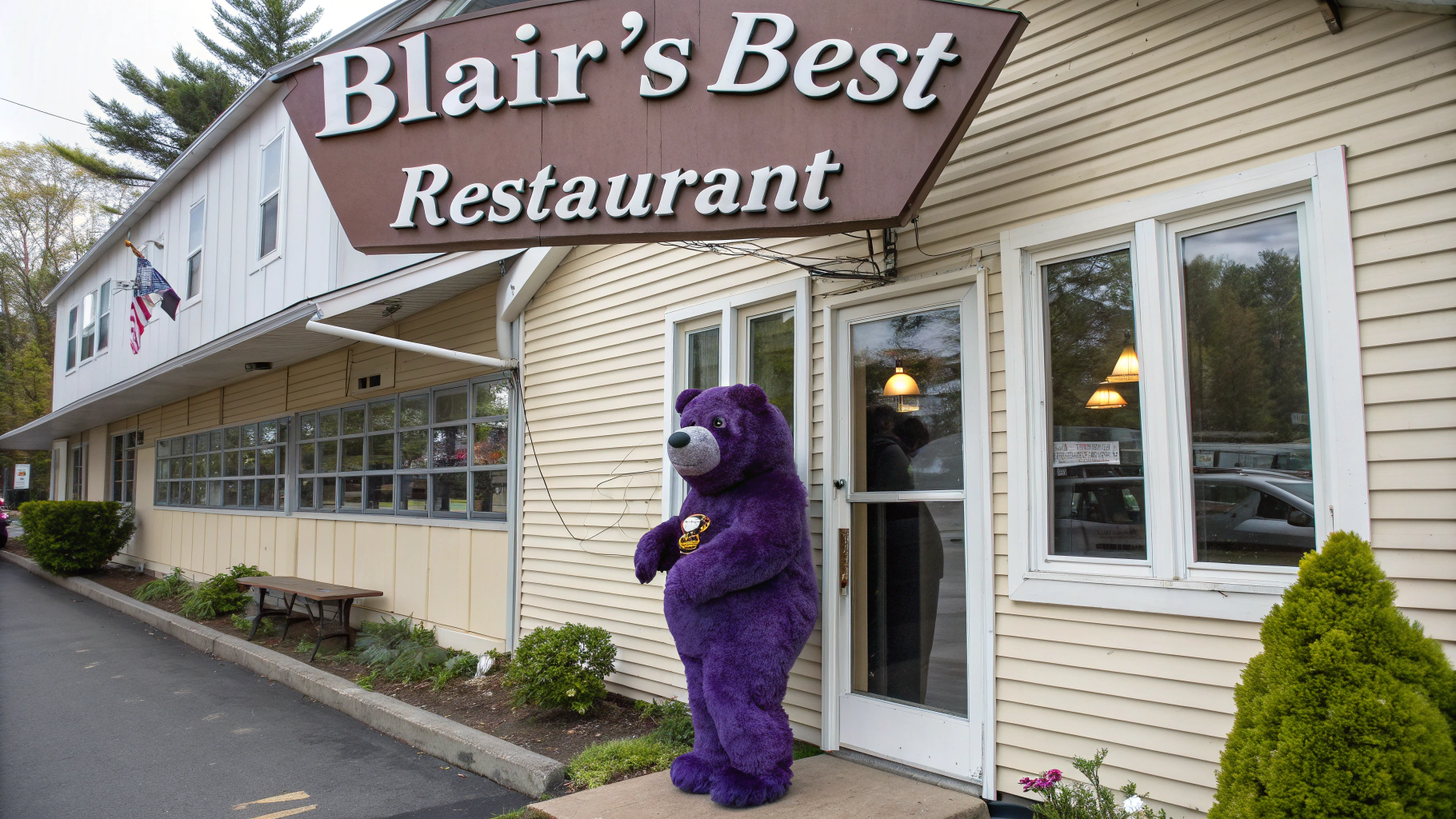 AI generated image by Red Panda AI: Purple bear owns local cafe type restaurant.  There is a sign that says, "Blair's Best Restaurant".  The purple bear is outside the restaurant under the restaurant sign.