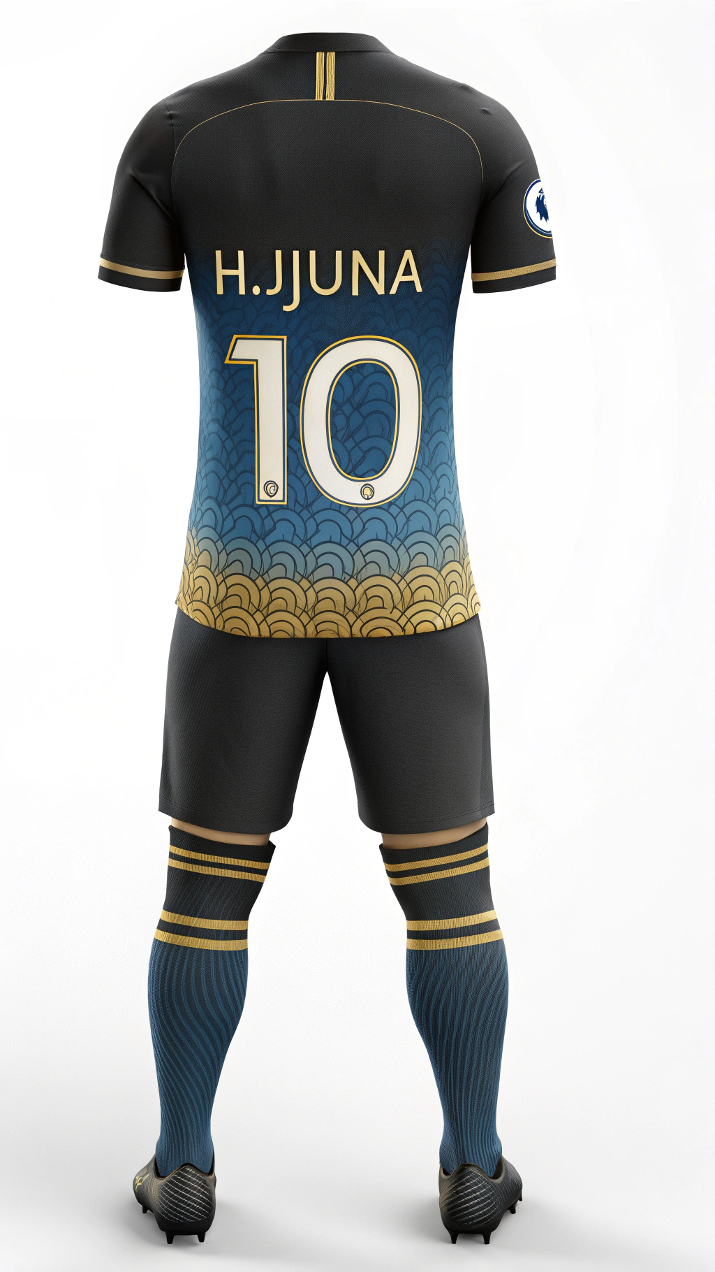 AI generated image by Red Panda AI: Imagen renderizada en 3D de alta calidad de un conjunto de uniforme de fútbol compuesto por camiseta, pantalón corto y medias altas (polines). La camiseta es negra en la parte superior y presenta un efecto de aurora boreal azul que se fusiona con un patrón de olas doradas en la parte inferior. El cuello y las mangas tienen un borde dorado con diseño de greca (patrón griego). En la parte trasera, aparece el nombre del jugador "H.JIJUNA" y el número "10" en dorado, con una firma decorativa debajo. El pantalón corto es negro con franjas doradas en los costados y detalles del mismo patrón de greca dorada en los bordes inferiores. Las medias son negras con bandas doradas en la parte superior, también con patrón de greca. Mostrar el uniforme completo desde la vista frontal y trasera sobre un fondo gris neutro. Incluir logos dorados en el pecho y la pierna, y un escudo dorado en ambas mangas.