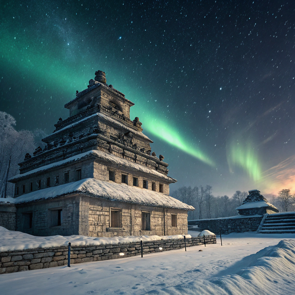 AI generated image by Red Panda AI: El templo de los nichos del tajín en México, nevado, con un cielo de noche con auroras boreales. El templo que esté en perspectiva.