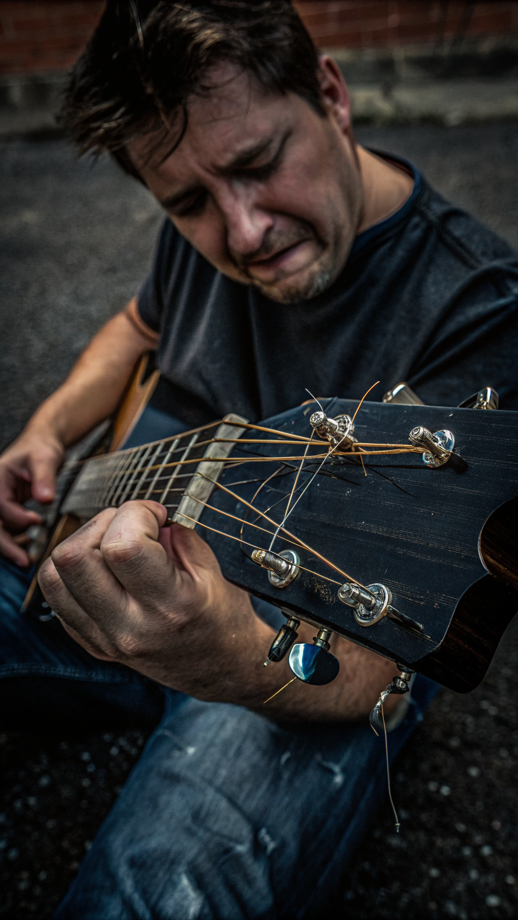AI generated image by Red Panda AI: create an image of a man playing a guitar and the guitar strings are broken