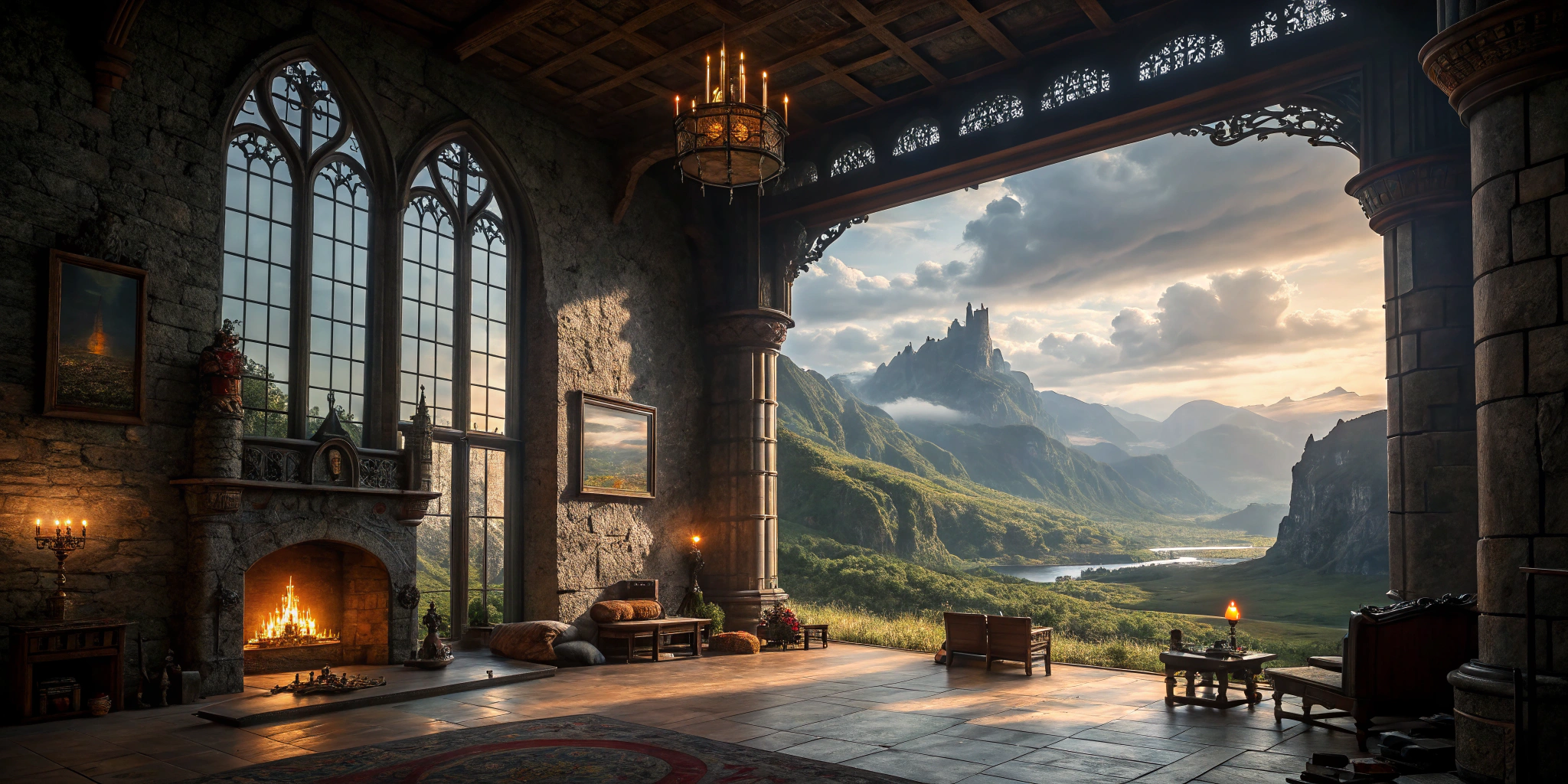 AI generated image by FLUX.1-schnell: Medieval fantasy matte painting. Ultra-wide shot, 8k resolution, 21:9 display. Inside the grand great hall of a medieval castle, a warm glow emanates from the fireplace, illuminating the intricate stone walls and ornate furnishings, while outside, the breathtaking scenery of the Scottish Highlands unfolds through the large windows. Low-key dynamic lighting. Soft warm glow on the furniture, soft pastel colors of the highlands. Deep blues and greens, earthy tones, and golden warmth. Intricate, detailed, realistic textures. Unreal Engine 5 quality. Fantasy concept art style. Complementary colors. Dreamy, mystical atmosphere.