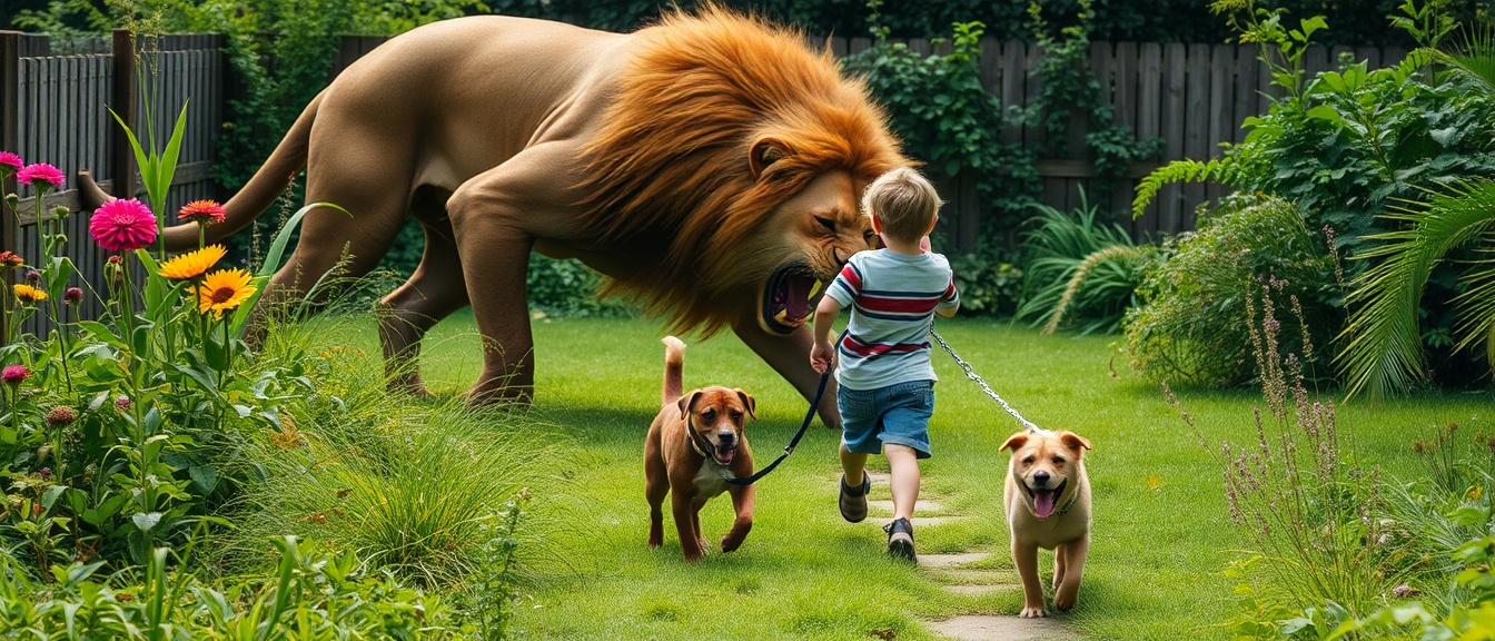 AI generated image by FLUX.1-schnell: a boy walking in the garden with his dog, suddently a monster lion come and attack the boy and his dog.