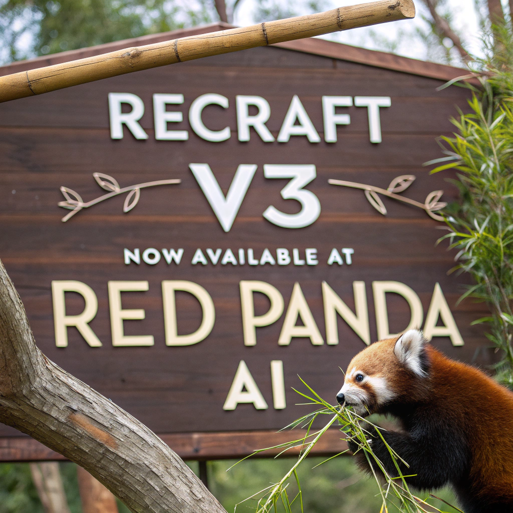 AI generated image by Red Panda AI: a red panda eating a bamboo in front of a poster that says "recraft V3 now available at red panda ai
