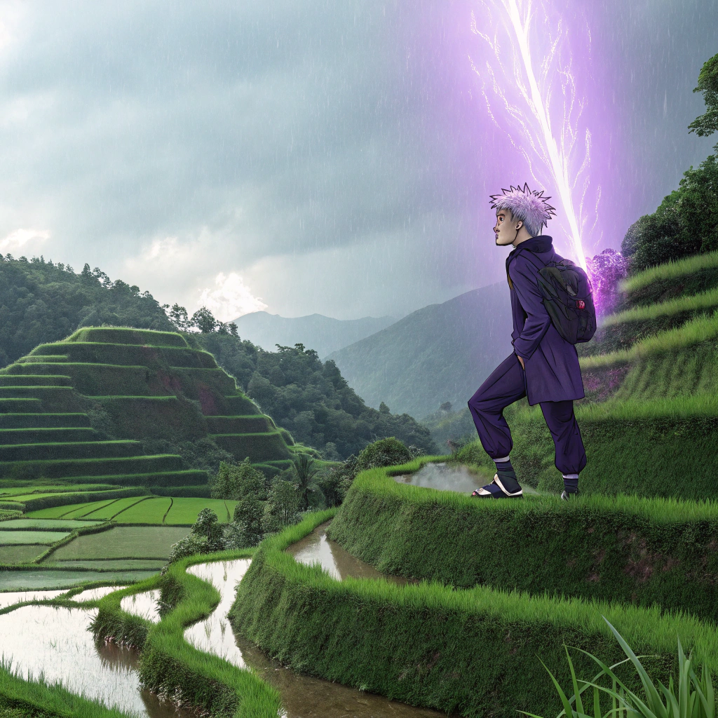 AI generated image by Red Panda AI: Real life Gojo Satoru casting his hollow purple on top of Banawe Rice Terraces.