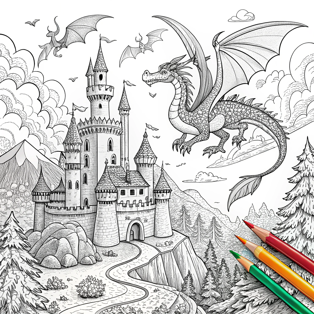 AI generated image by Red Panda AI: Página para colorear de dragones y castillos, en blanco y negro y lindo.