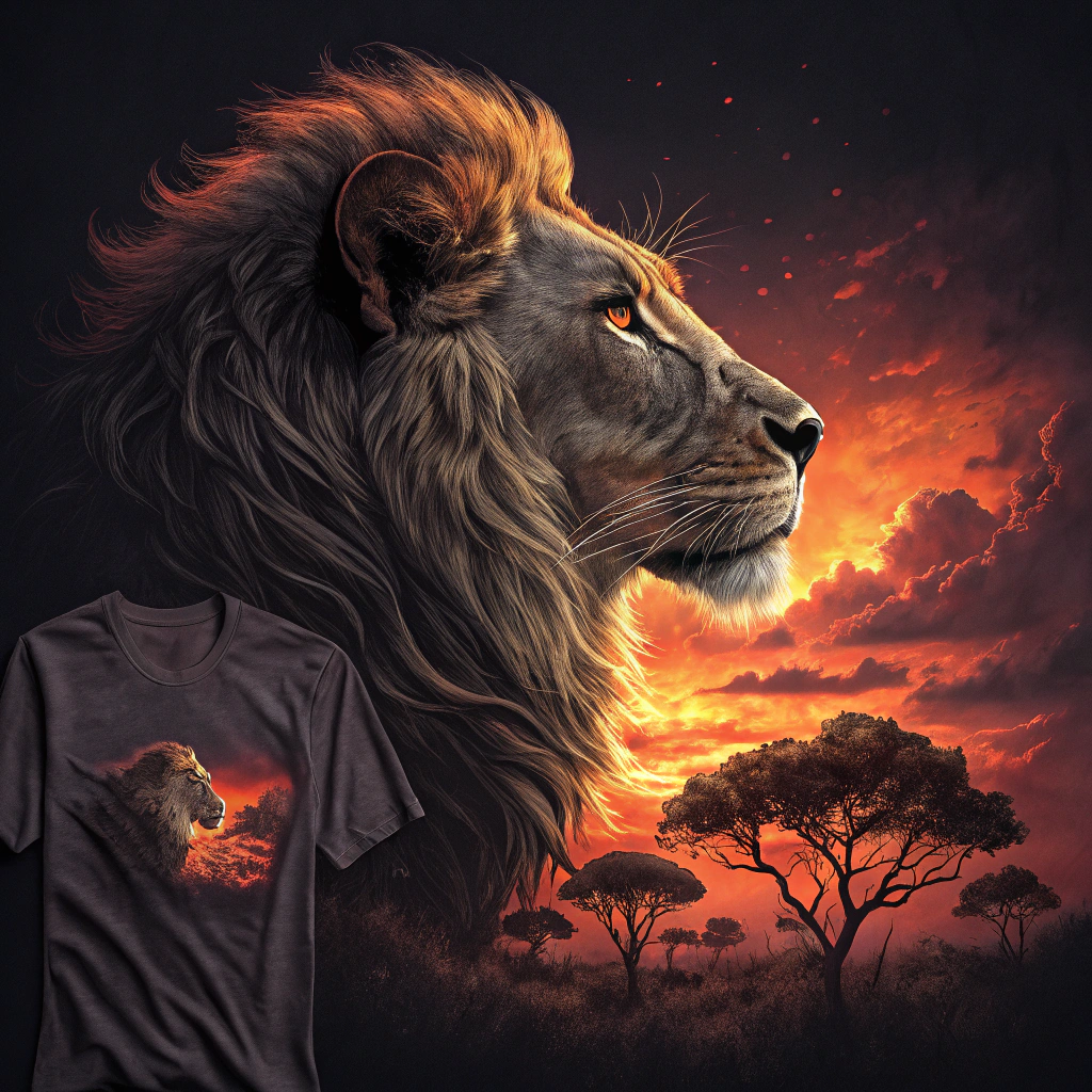 AI generated image by Red Panda AI: A t-shirt illustration of a majestic lion with a mane that seamlessly blends into a breathtaking sunset landscape. The lion's profile is prominently displayed, with its eyes gazing into the distance. The sunset, characterized by fiery oranges and deep purples, is depicted behind the lion's head, creating a surreal and captivating effect. The silhouette of trees can also be seen at the bottom, further enhancing the natural theme of the image.