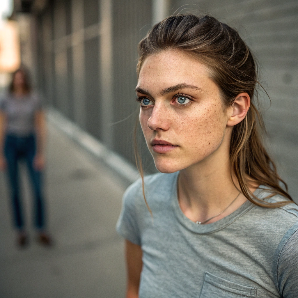 AI generated image by Red Panda AI: "Create a highly realistic portrait of a 24-year-old American woman, standing straight and facing forward. She should have natural facial features, including detailed skin texture, expressive eyes, and realistic hair. She should be dressed in casual, modern clothing (e.g., a t-shirt and jeans or a simple dress) that reflects her age and style. The background should be neutral or blurred to keep the focus on her. The image should be photorealistic, with attention to details like lighting, shadows, and fabric texture."

