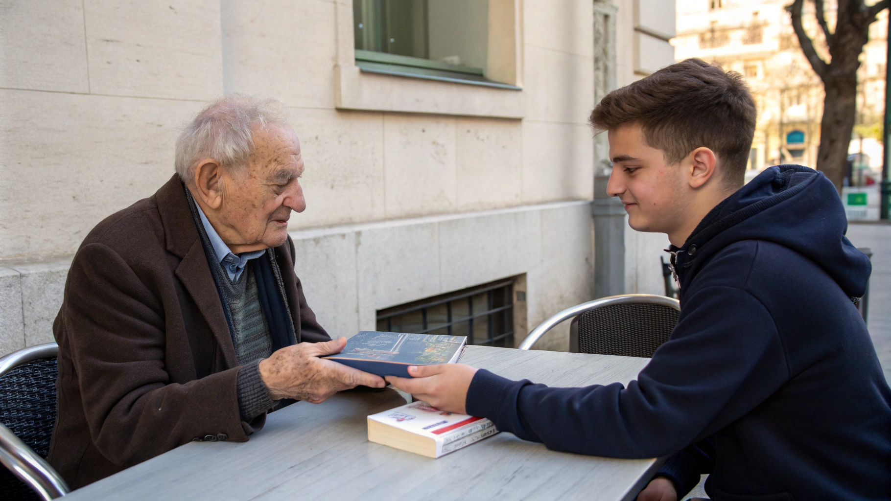 AI generated image by Red Panda AI: Ein alter europäischer Mann und ein junger europäischer Mann sitzen sich an einem Tisch gegenüber. Der alte Mann gibt dem jungen Mann ein Buch. Blickrichtung des Bildes von der Seite der beiden.