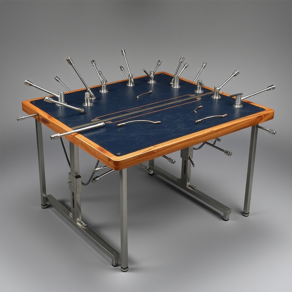 AI generated image by FLUX.1-schnell: crazy sculpture made from a wooden tabletop with dark blue linoleum surface, aluminum extrusions, and stainless steel parts. Slight resemblance of a desk but with crazy parts pointing in all directions 