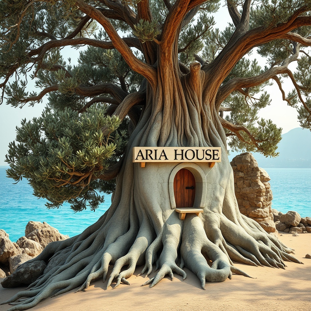 AI generated image by FLUX.1-schnell: Raw close up photography 4D, extremely detailed A realistic treehouse with biggest sign elegant text "ARIA HOUSE" nestled within a large, ancient olive and apple fruit trees, rooted into a craggy cliff overlooking a tranquil, azure blue sea. The treehouse, crafted from light beige black rock stone, blends seamlessly with the rock face, featuring small windows and a simple nature wooden door. The apple tree's branches drape over and around the structure, creating an organic and interconnected design.  The rocky cliff and surrounding beach are a mix of muted sandy grays and beiges, contrasting with the vibrant blue of the water. A distant mountain range fades into the soft, pastel sky. The lighting is soft and diffused, highlighting the texture of the stone and the beautiful foliage, creating a serene and dreamlike atmosphere. Focus on the intricate details of the tree's bark and the house's weathered stone. Emphasize the connection between the natural and man-made elements.
