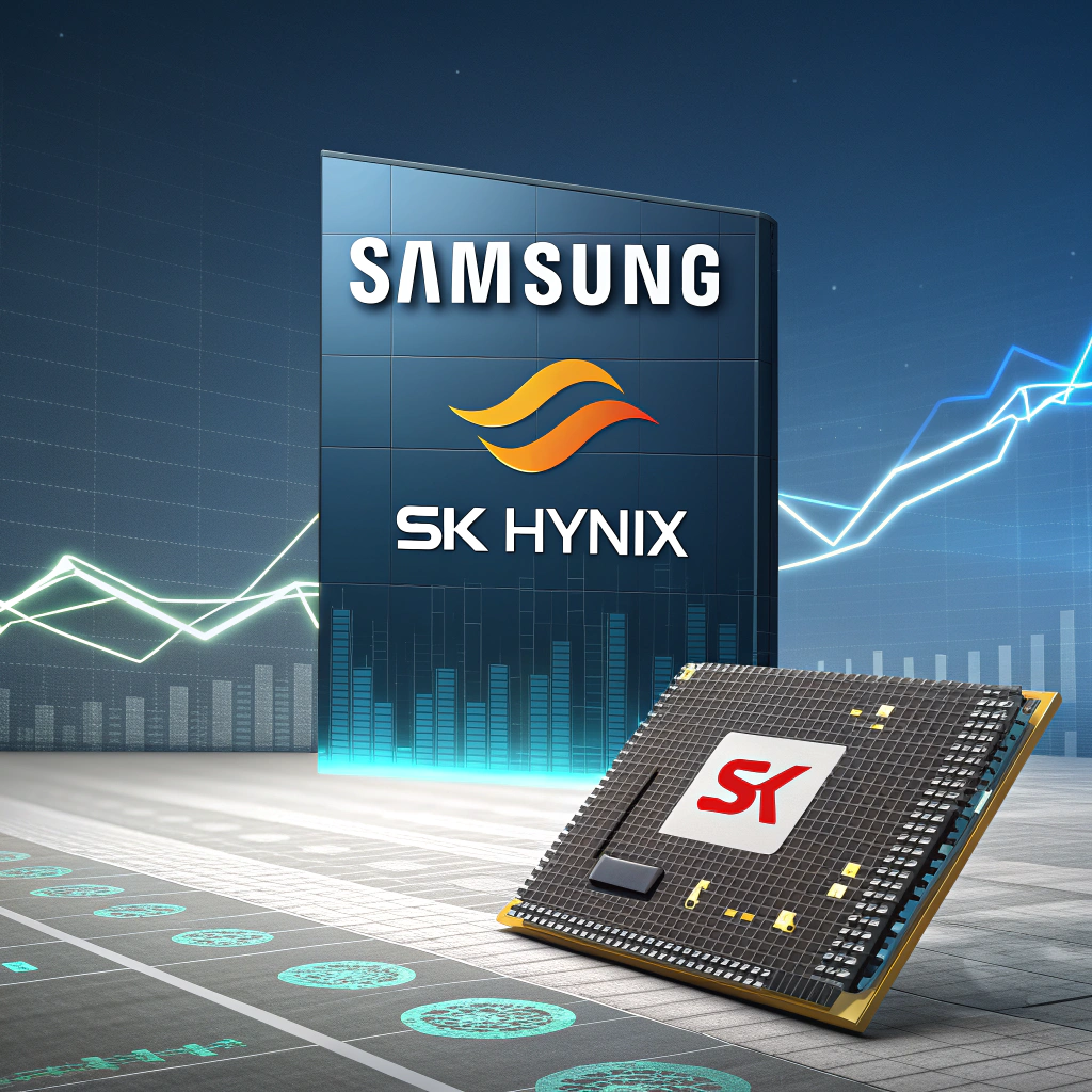 AI generated image by FLUX.1-schnell: Samsung memory takes the no.1 rank against SK hynix.