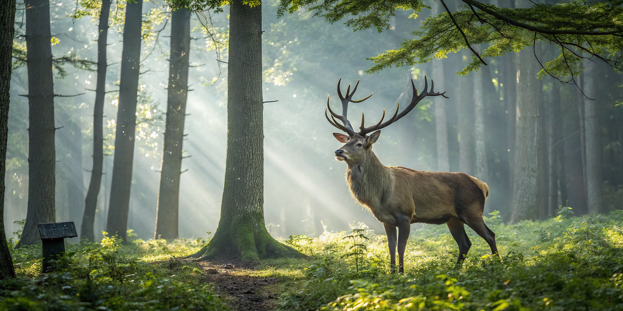 AI generated image by Red Panda AI: crear imagen con un venado en un bosque con muchos arboles donde se va los rayos de la luz del sol, el venado debe estar mirando al frente con unos grandes cuernos, debe ser hiperrealista