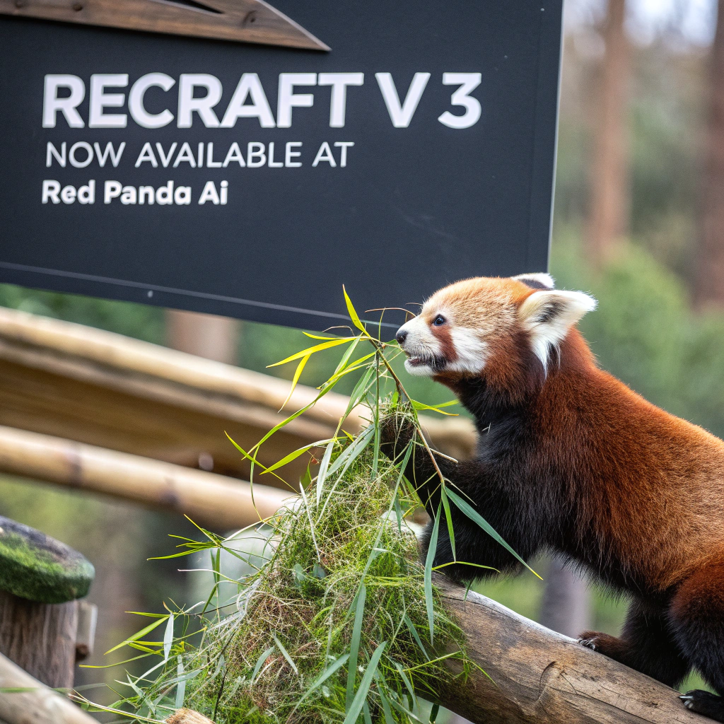 AI generated image by Red Panda AI: a red panda eating a bamboo in front of a poster that says "recraft V3 now available at red panda ai